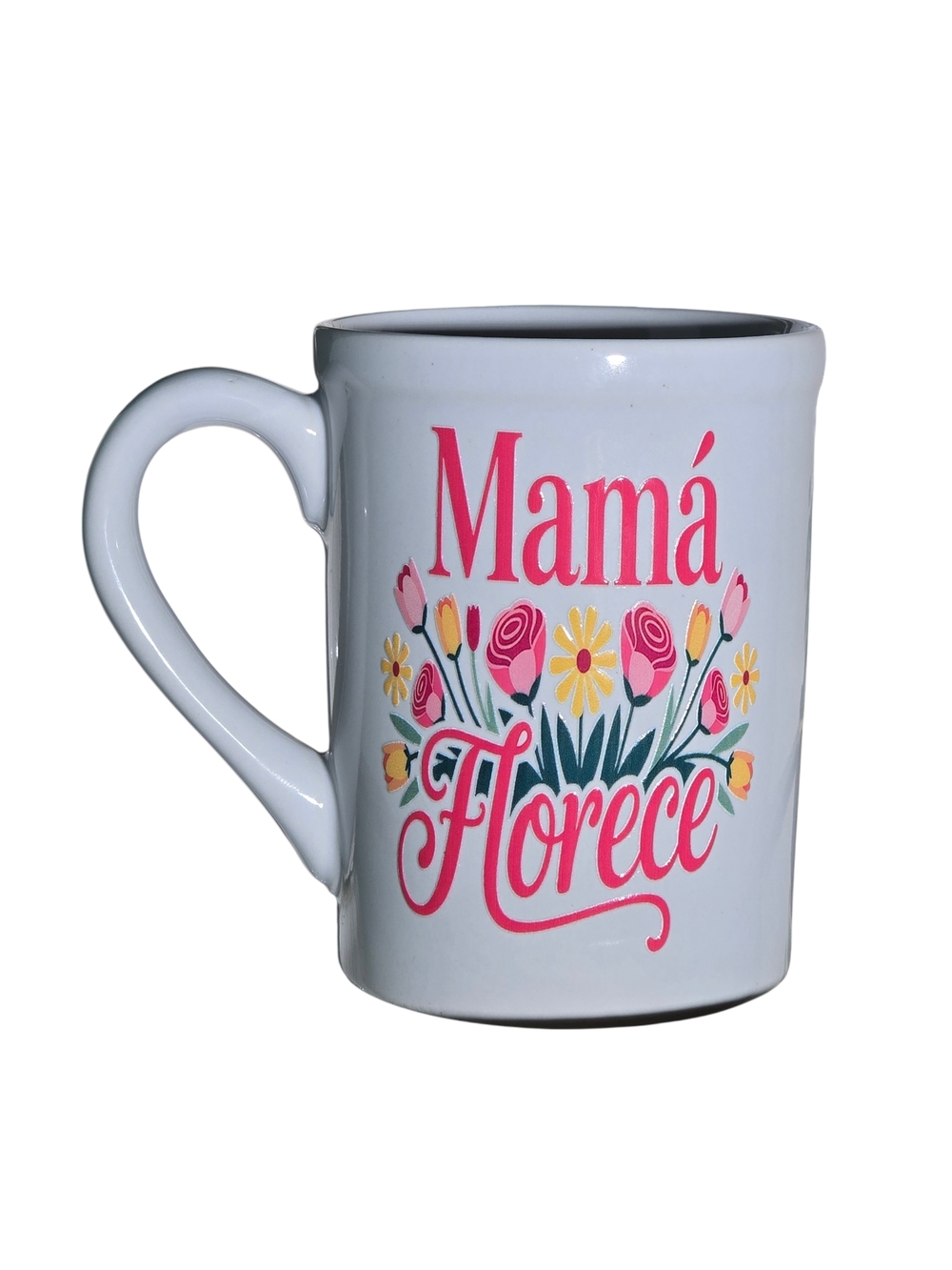 Mamá Florece White Ceramic Mug with Pink Floral Script.